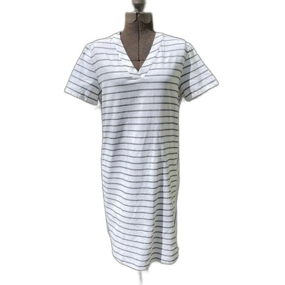 Lands' End Cotton Linen Blend Shift Dress Sz 6 White Mixed Stripes Short Sleeves - Picture 2 of 12